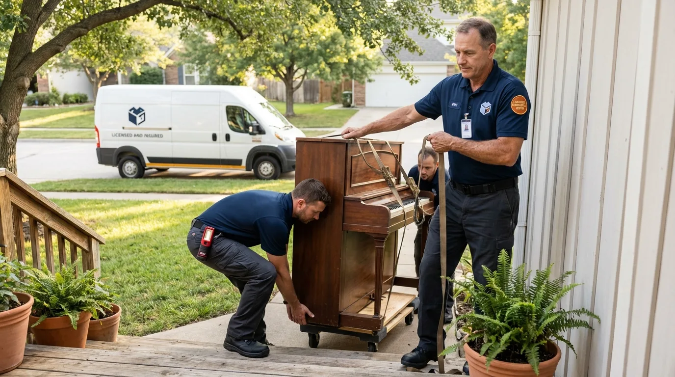 Licensed piano movers securing grand piano in Jourdanton, TX