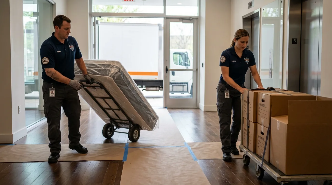 Professional apartment movers loading elevator in Jourdanton, TX
