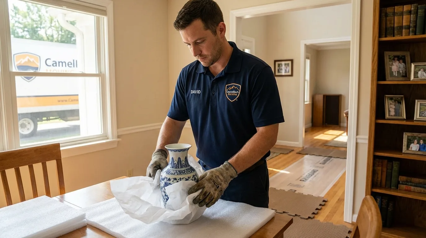Professional crew carefully wrapping antique vase for senior downsizing move in Jourdanton, TX